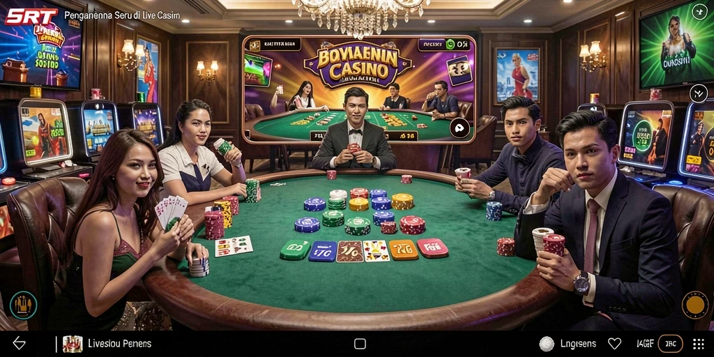 Screenshot 5RT menampilkan dealer cantik dan permainan kasino langsung.