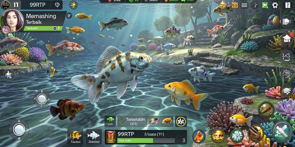 Screenshot gameplay <strong>99RTP</strong> menampilkan aksi memancing yang seru di laut yang indah.