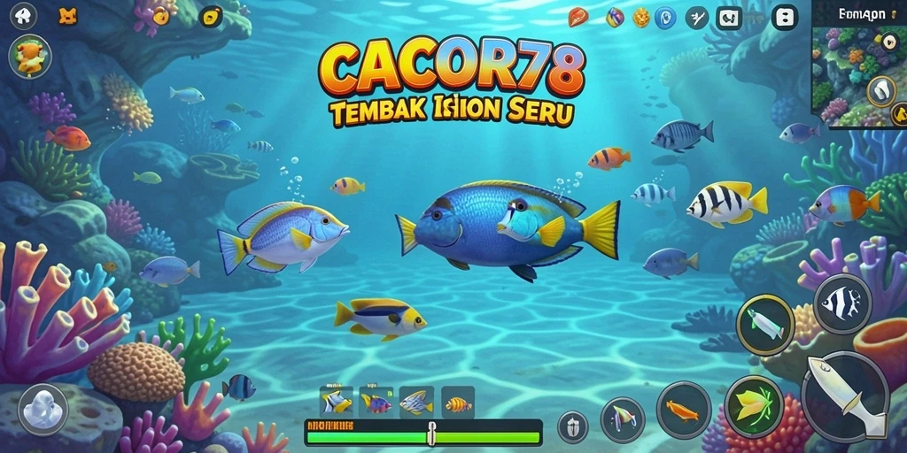 Gameplay seru CACOR78 dengan grafis menarik dan ikan berwarna-warni.