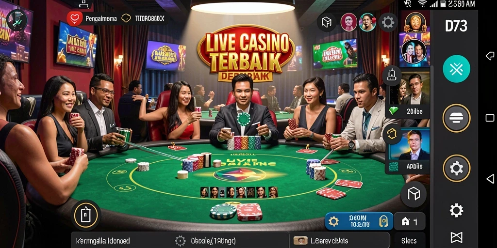 Screenshot D73 menampilkan dealer profesional dan permainan kasino langsung yang mendebarkan.