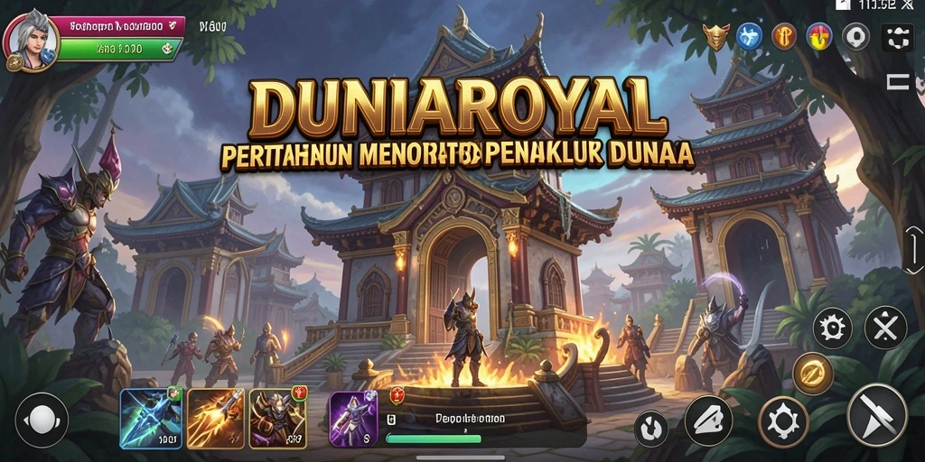 Screenshot DUNIAROYAL menunjukkan aksi menara yang epik dalam menghadapi gelombang musuh.