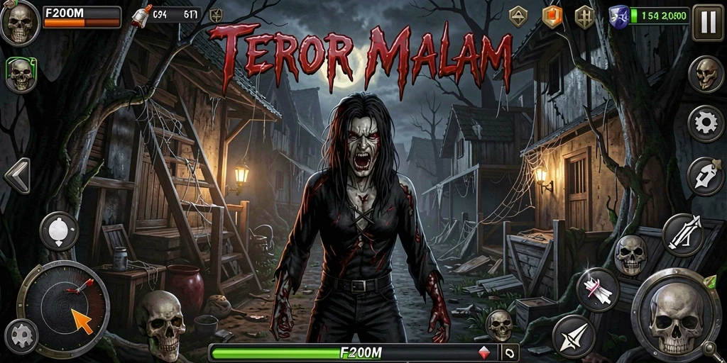 Tangkapan layar F200M yang menampilkan suasana menakutkan dalam gameplay.