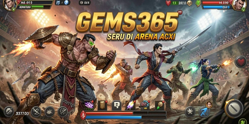 Tampilan gameplay GEMS365 menampilkan karakter bertarung dalam arena yang dinamis.