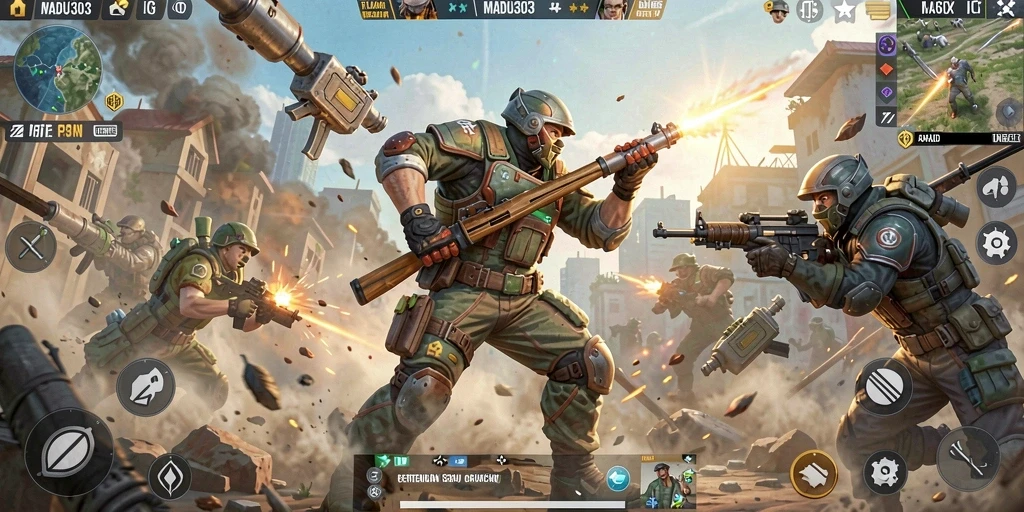 Tampilan gameplay MADU303 dengan aksi pertempuran seru di arena Battle Royale.