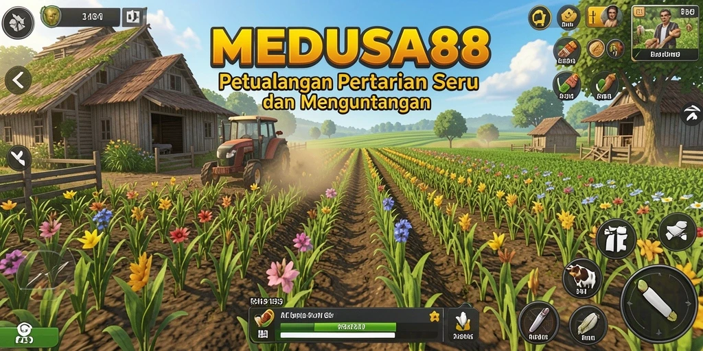 Tampilan screenshot utama MEDUSA88 menunjukkan ladang hijau yang subur dengan tanaman beraneka ragam.