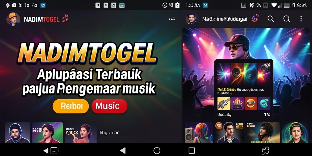 Screenshot NADIMTOGEL menampilkan antarmuka pengguna yang menarik dan koleksi musik yang kaya.
