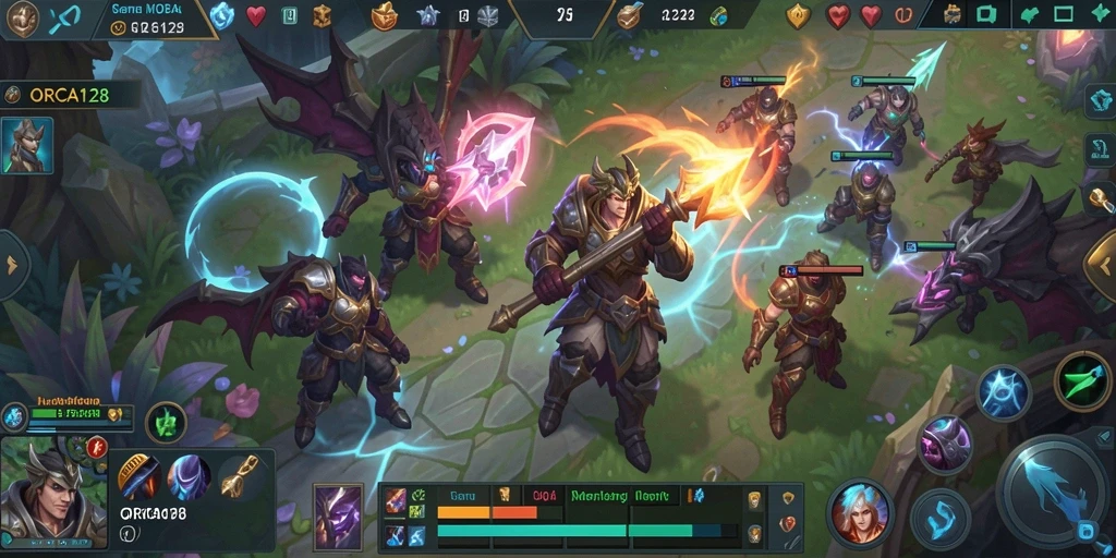Tampilan gameplay seru dalam ORCA128 dengan aksi MOBA yang mendebarkan.