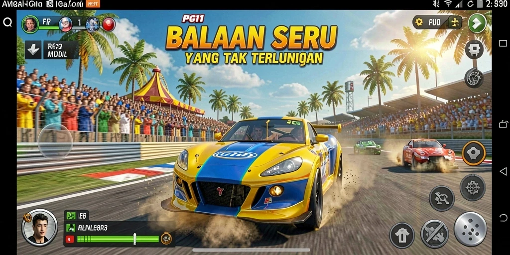 Gameplay PG11 menampilkan balapan seru dengan mobil yang melaju kencang.