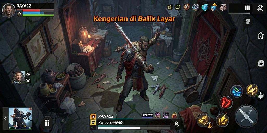 Tangkapan layar RAYA22 menampilkan momen menegangkan dalam atmosfer horor yang mencekam.